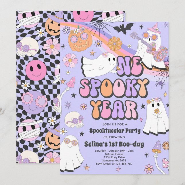 Halloween Groovy Cute Ghost 1:a Birthday Party Inbjudningar (Fram/baksida)