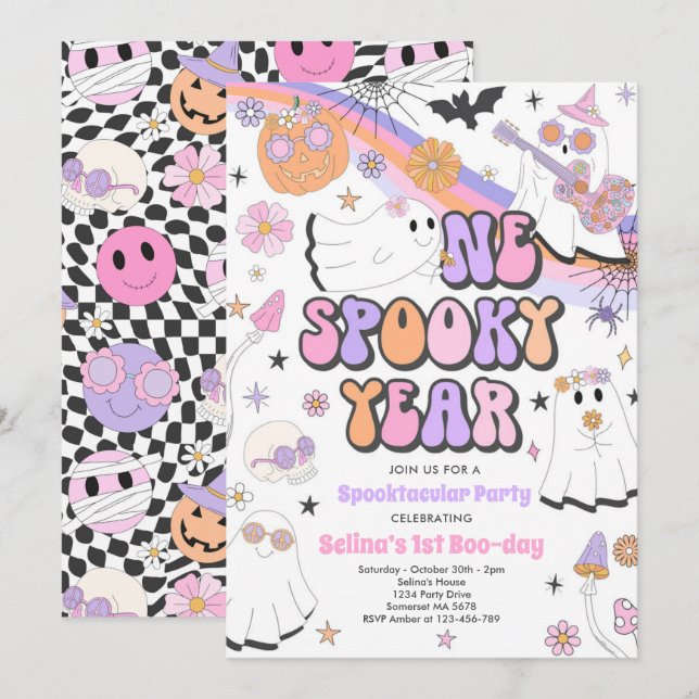 Halloween Groovy Cute Ghost 1:a Birthday Party Inbjudningar (Fram/baksida)