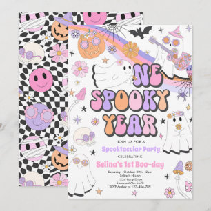 Halloween Groovy Cute Ghost 1:a Birthday Party Inbjudningar