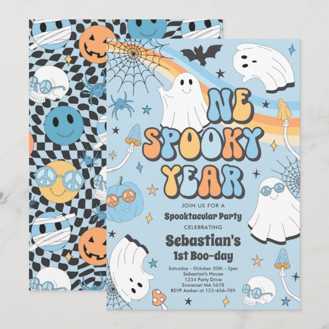 Halloween Groovy Cute Ghost 1:a Birthday Party Inbjudningar (Fram/baksida)