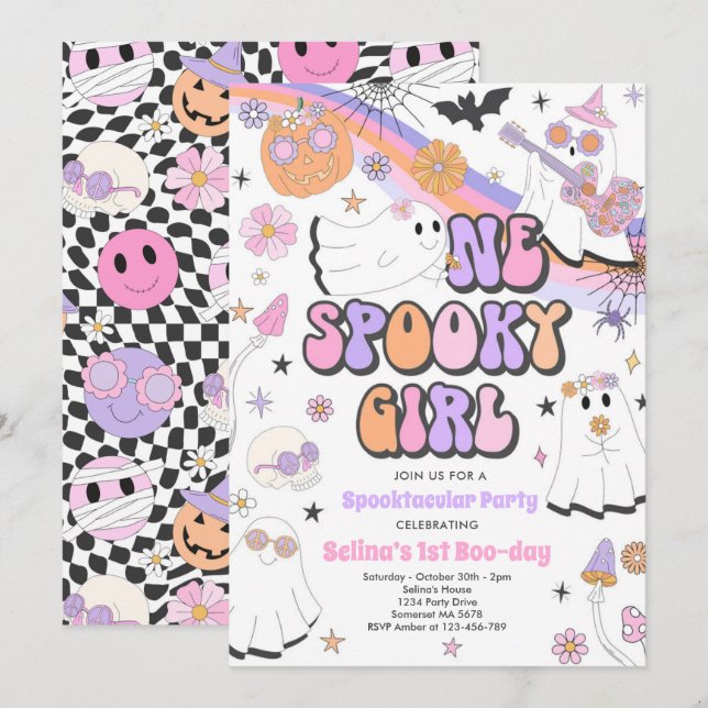 Halloween Groovy Cute Ghost 1:a Birthday Party Inbjudningar (Fram/baksida)