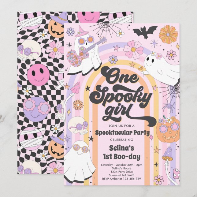 Halloween Groovy Cute Ghost 1:a Birthday Party Inbjudningar (Fram/baksida)