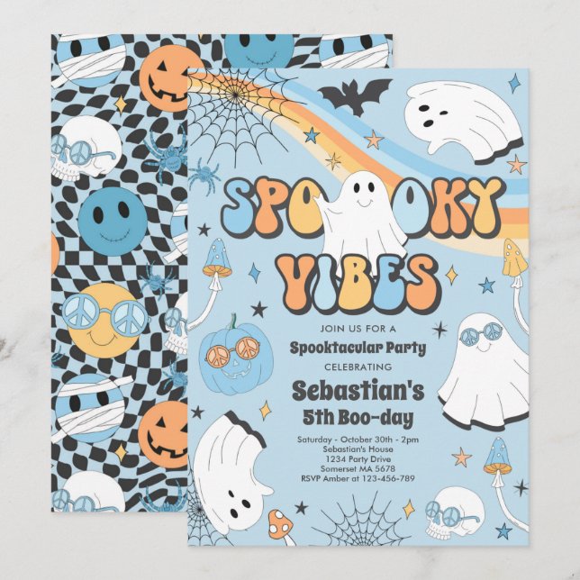 Halloween Groovy Cute Ghost Spooky Vibes Birthday Inbjudningar (Fram/baksida)