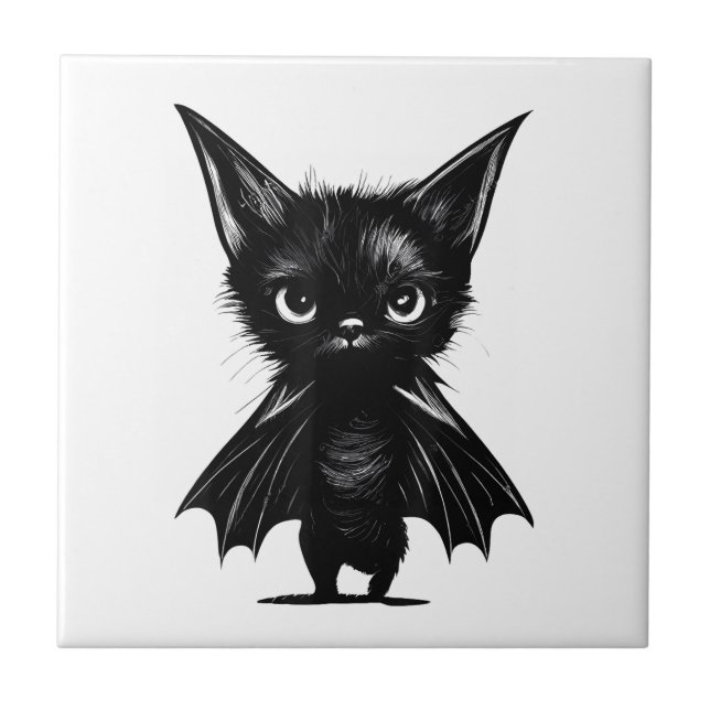 Halloween Grumpy Black Kitten i Fladdermus Costume Kakelplatta (Framsidan)