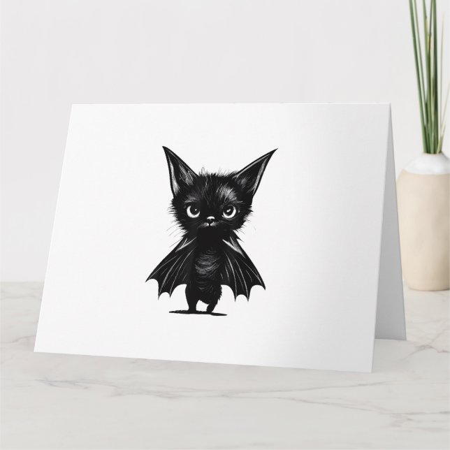 Halloween Grumpy Black Kitten i Fladdermus Costume Kort (Framsida)