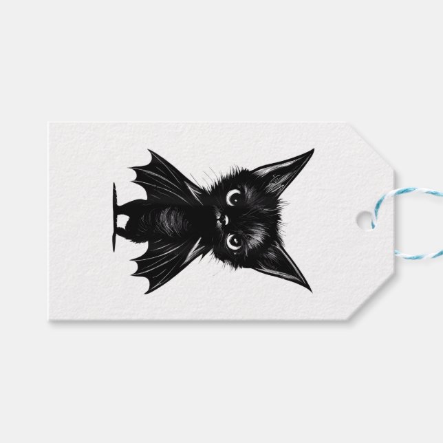 Halloween Grumpy Black Kitten i Fladdermus Costume Presentetikett (Framsidan (Horisontell))