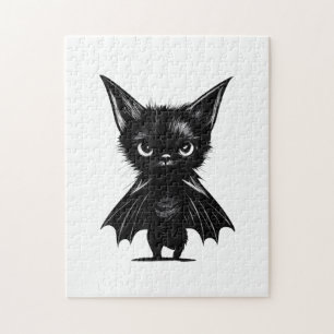 Halloween Grumpy Black Kitten i Fladdermus Costume Pussel