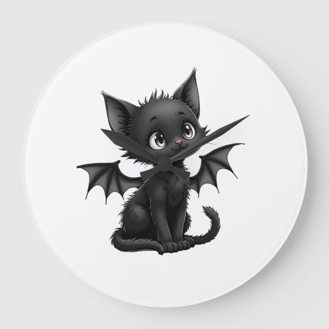 Halloween Grumpy Svart Kittens I Fladdermus Kostym Stor Klocka (Framsida)