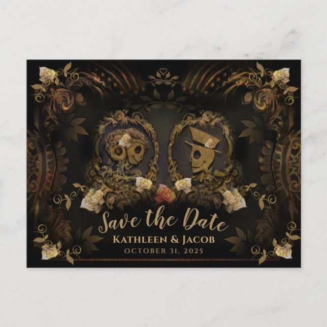 Halloween Gyllene Eleganta Skelett Spara Datum Pos Vykort (Framsida)