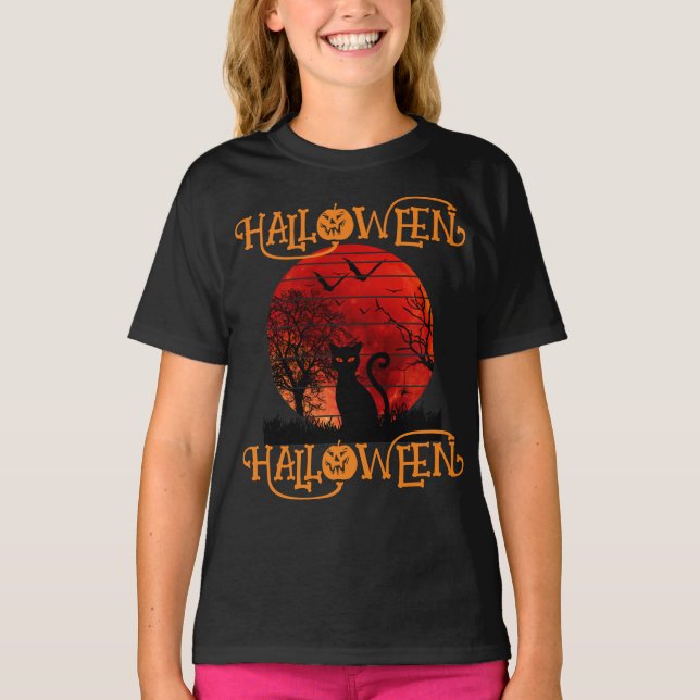 HALLoween HALLoween KATT SVART SKRÄMMANDE FLADDERM T Shirt (Framsida)
