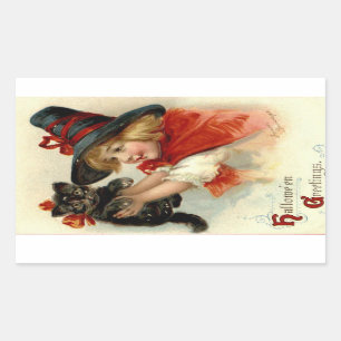Halloween Hälsning Girl med Black Cat Vintage Rektangulärt Klistermärke