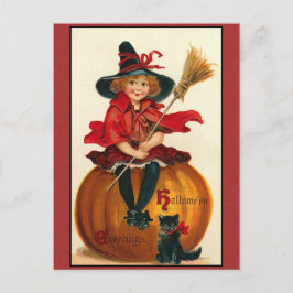 Halloween Hälsning Vintage Girl and Cat Vykort
