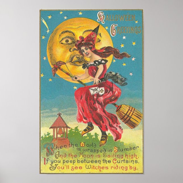 Halloween Hälsning Woman på Broom Poster (Framsidan)