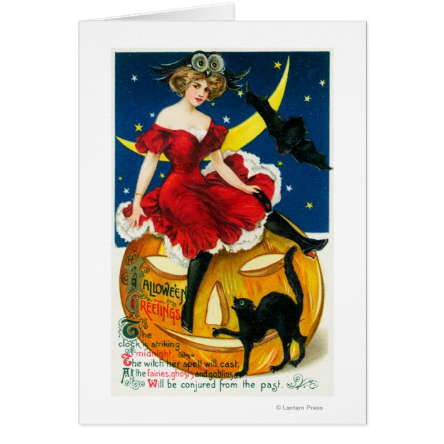 Halloween Hälsning Woman på Jack-o-Lantern Hälsningskort (Framsidan)