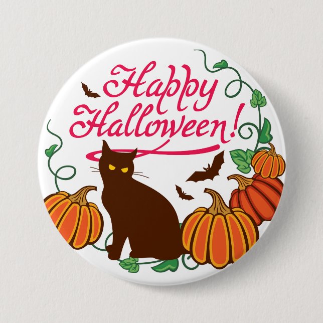 Halloween hälsningar med den svart katten knapp (Framsida)