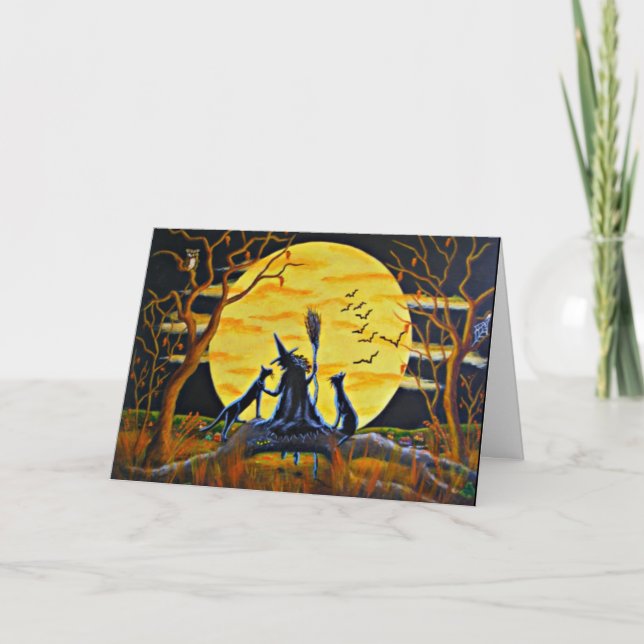 Halloween hälsningkort, häxa, fladdermöss, svart, kort (Framsida)