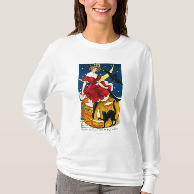 Halloween hälsningkvinna på jack o lantern tee shirt (Framsida)