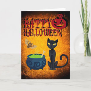 Halloween-hälsningskort/Pumpkin, svart katt, Fladd Kort