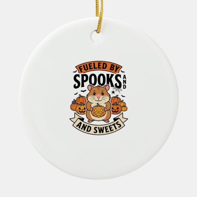 Halloween-hamster driven av spöken rolig söt_1 julgransprydnad keramik (Framsidan)