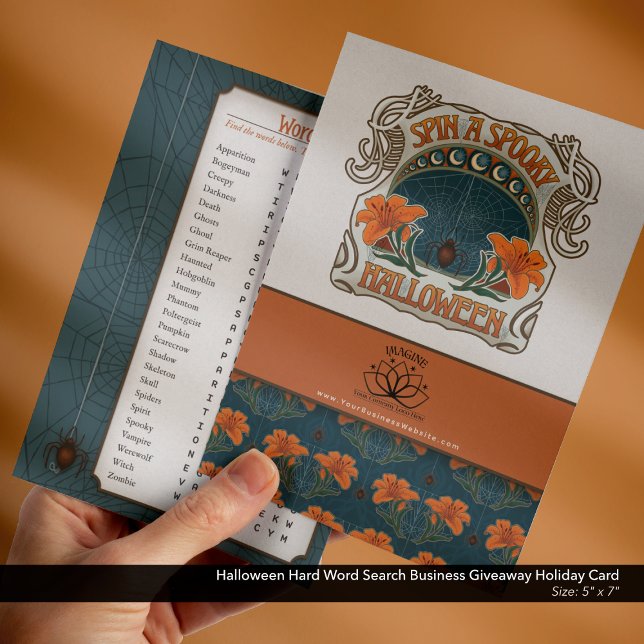 Halloween Hard Ord Search Business Giveaway Julkort (Halloween Business Freebie Giveaway Holiday Card with Logo and Website–Difficult Word Search )