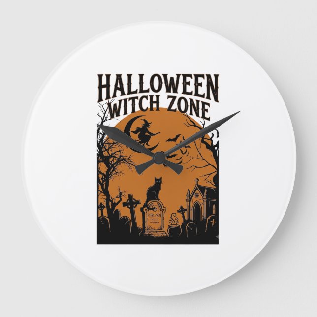 Halloween Häszone Svart Katt Kyrkogård Fladdermöss Stor Klocka (Framsida)