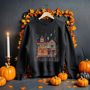 Halloween Haunted House Black Lång Ärmad Tröja