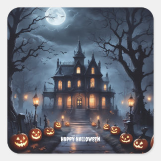 Halloween Haunted House Fyrkantigt Klistermärke