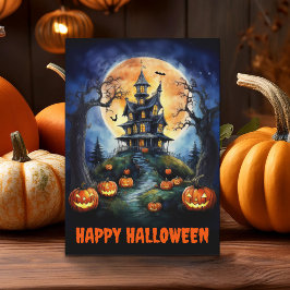 Halloween Haunted House med Pumpkins Foldat Kort
