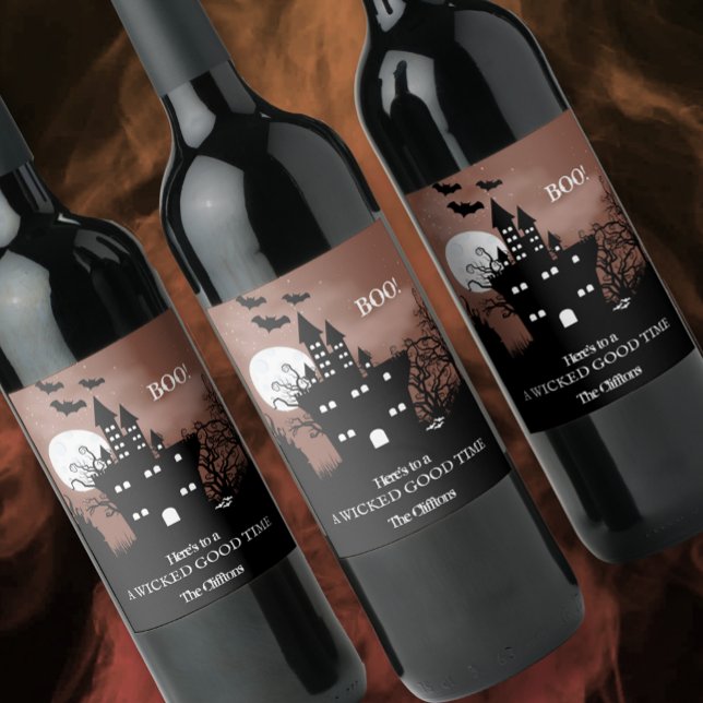 Halloween Haunted House Vinflaska Etikett (Set of 6 personalized Halloween wine bottle labels.)