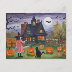 Halloween Haunted House Witch Vykort