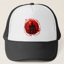 HALLOWEEN HAUNTED HUS RED BLACK SILHOUETTE