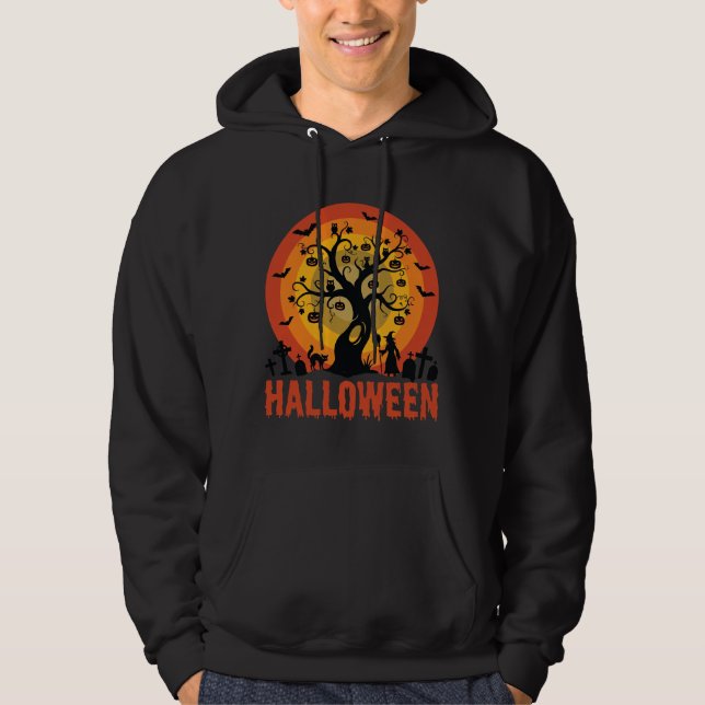 Halloween Haunted Tree Witch and Black Cats Hoodie (Framsida)