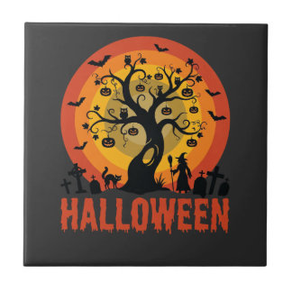 Halloween Haunted Tree Witch and Black Cats Kakelplatta
