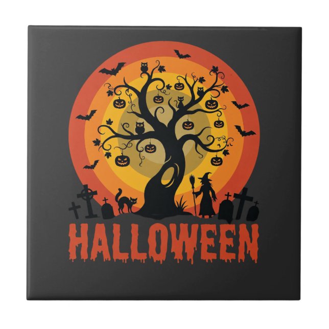 Halloween Haunted Tree Witch and Black Cats Kakelplatta (Framsidan)