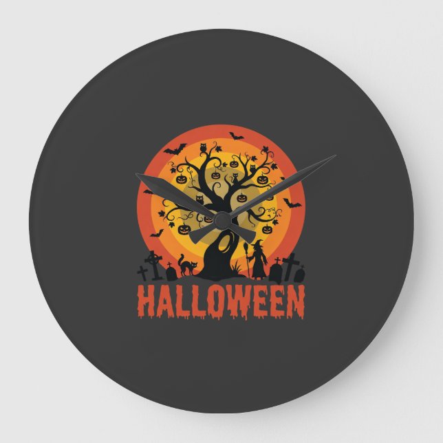 Halloween Haunted Tree Witch and Black Cats Stor Klocka (Framsida)