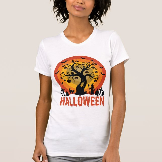 Halloween Haunted Tree Witch and Black Cats T Shirt (Framsida)