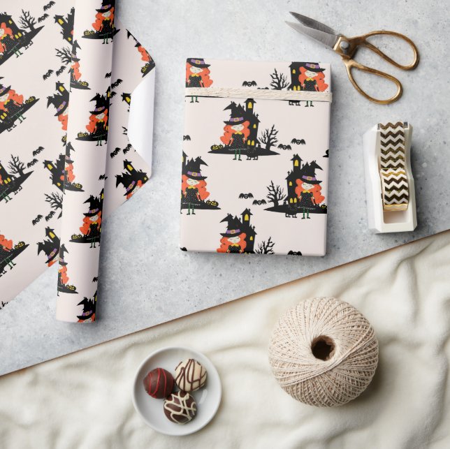 Halloween Haunted Witch House Beige Presentpapper (Hantverk)