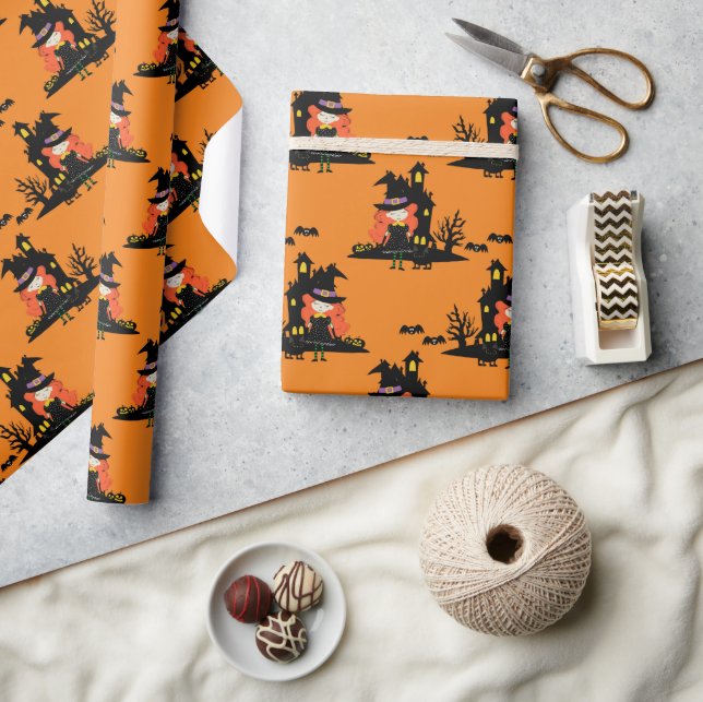 Halloween Haunted Witch House Orange Presentpapper (Hantverk)
