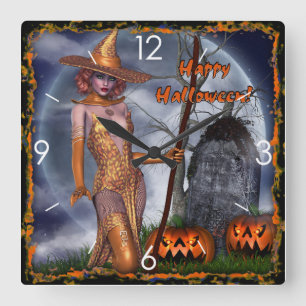 Halloween Haunted Witch Pumpkin House Fyrkantig Klocka