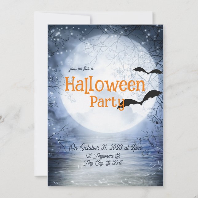 Halloween Haunting Full Moon Blue White Fladdermus Inbjudningar (Framsida)