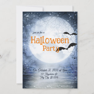 Halloween Haunting Full Moon Blue White Fladdermus Inbjudningar