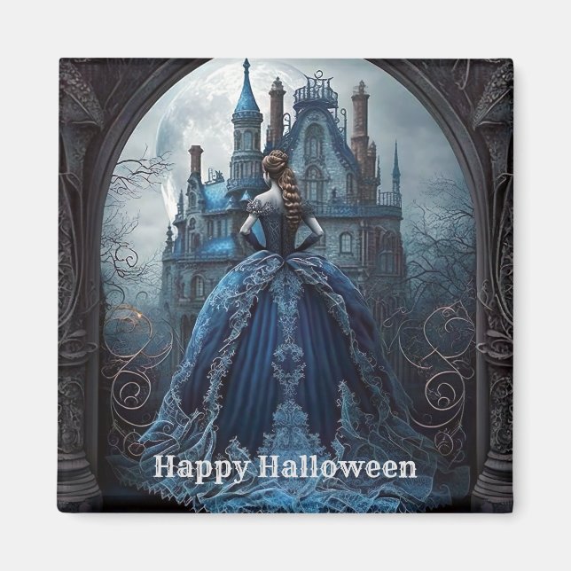 Halloween Haunween House Blue Night Scary Magnet (Framsidan)