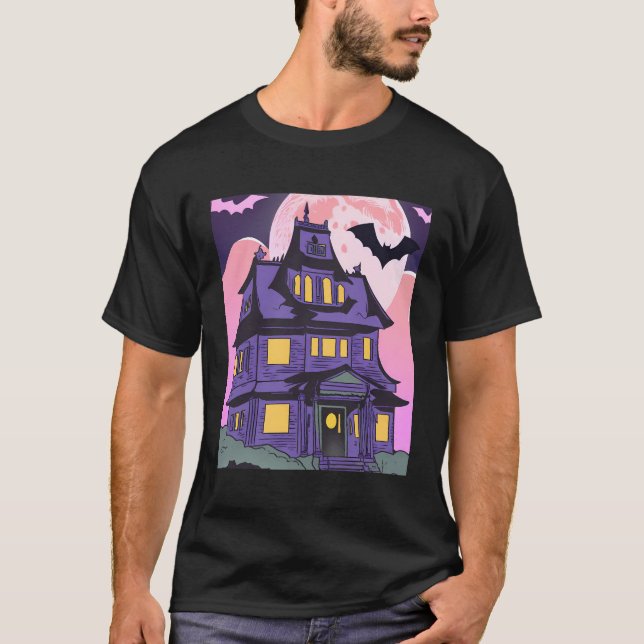 Halloween Haunween House Fladdermus Måne Emo Goth T Shirt (Framsida)