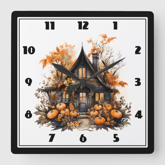 Halloween Haunween House med Pumpkins & Foliage Fyrkantig Klocka (Framsida)