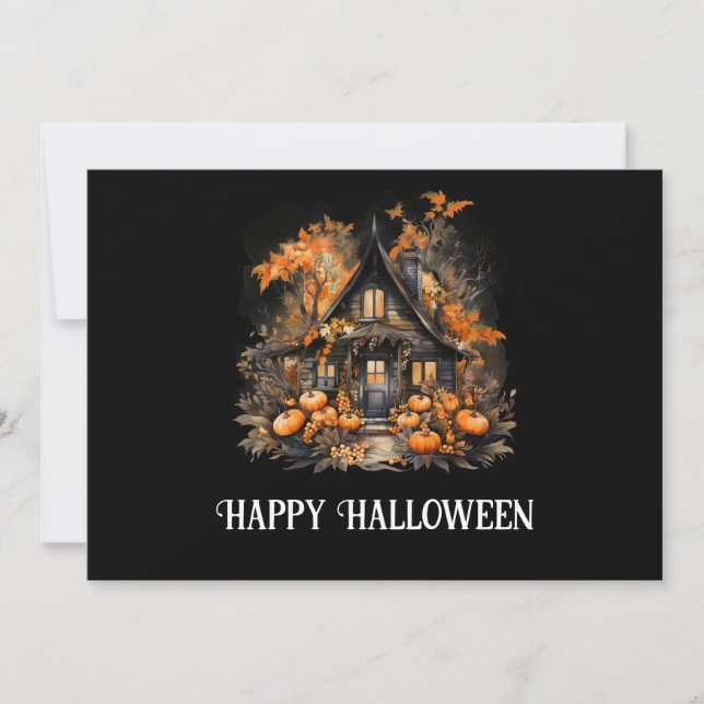 Halloween Haunween House med Pumpkins & Foliage Julkort (Framsida)