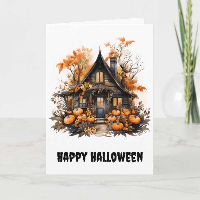 Halloween Haunween House med Pumpkins & Foliage Kort (Framsida)