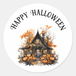 Halloween Haunween House med Pumpkins & Foliage Runt Klistermärke