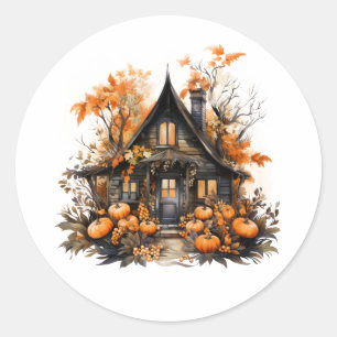 Halloween Haunween House med Pumpkins & Foliage Runt Klistermärke