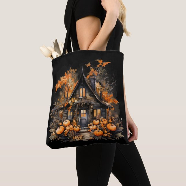Halloween Haunween House med Pumpkins & Foliage Tygkasse (Närbild)