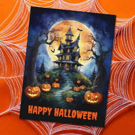 Halloween Haunween House med Pumpkins Helg Vykort